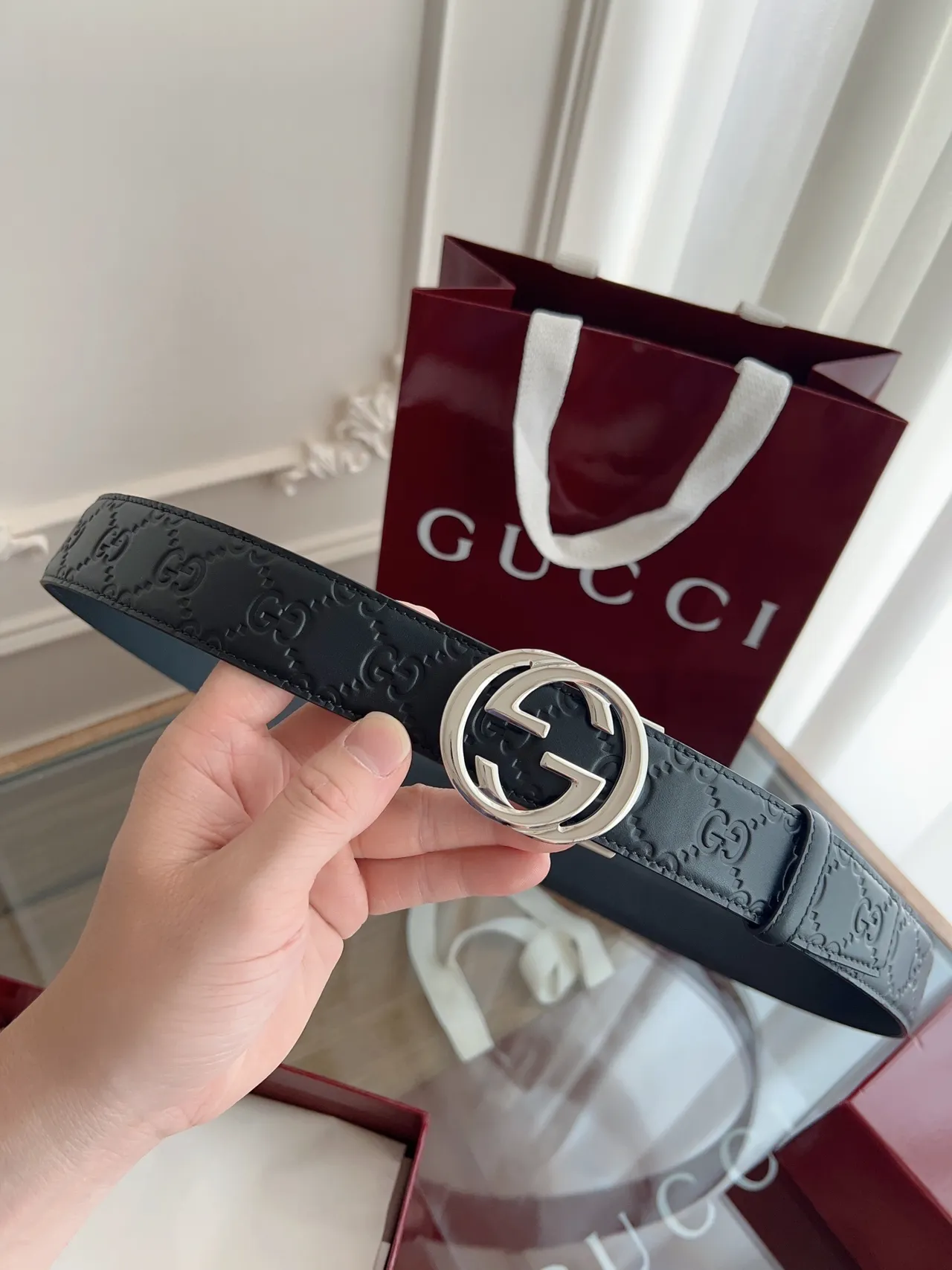 Gucci Double G Belt Black Gold Embossed GG Monogram Leather Belt 4
