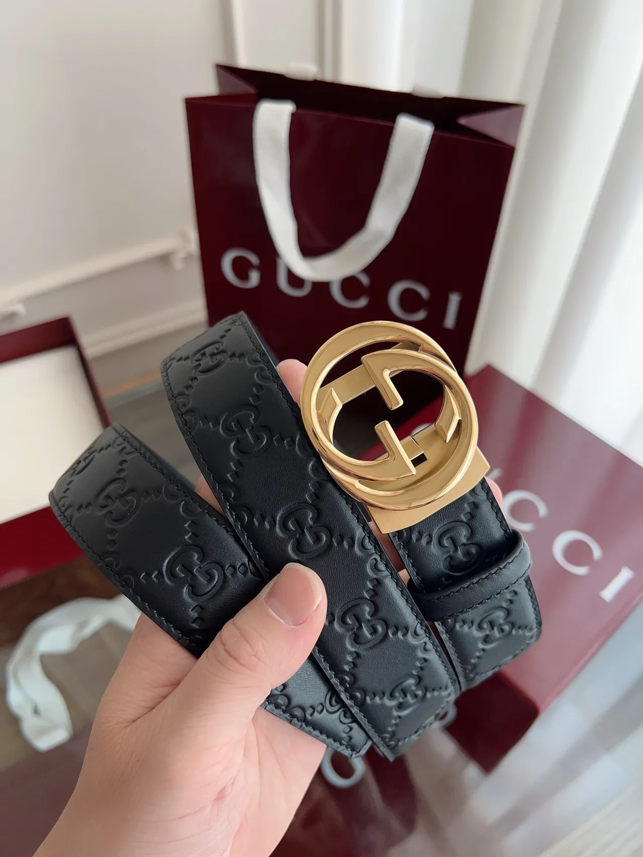 Gucci Double G Belt Black Gold Embossed GG Monogram Leather Belt 6