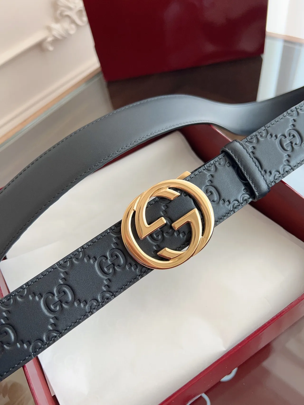 Gucci Double G Belt Black Gold Embossed GG Monogram Leather Belt 7