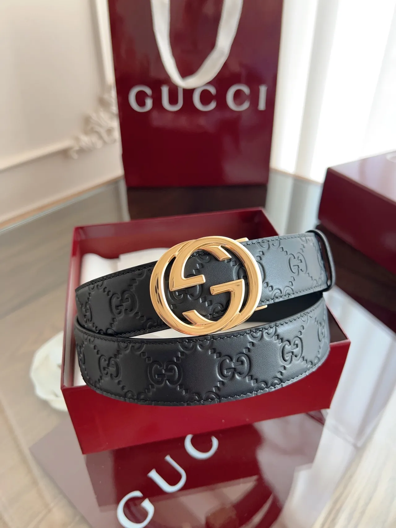 Gucci Double G Belt Black Gold Embossed GG Monogram Leather Belt 8