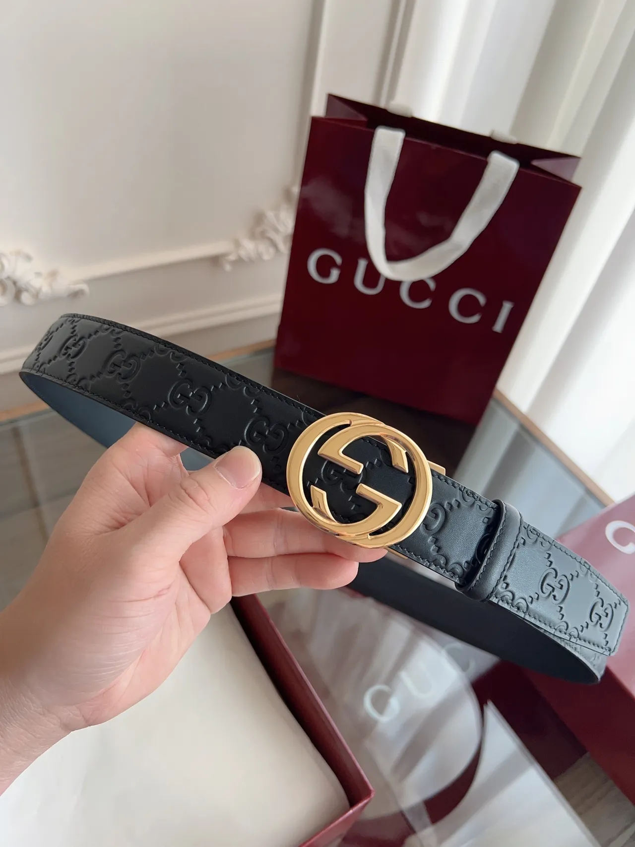 Gucci Double G Belt Black Gold Embossed GG Monogram Leather Belt 9