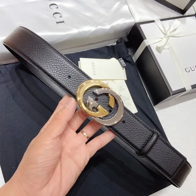 Gucci Double G 黑色压纹皮革 双色扣头 皮革腰带 3