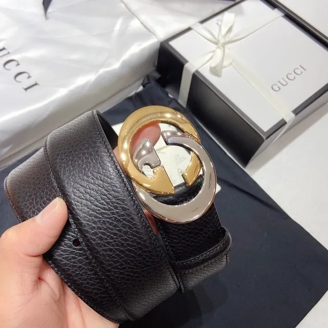 Gucci Double G 黑色压纹皮革 双色扣头 皮革腰带 4