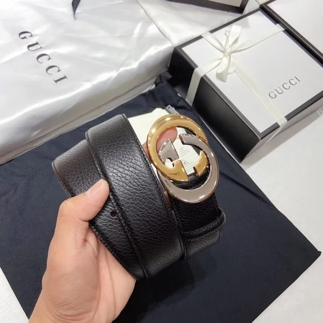 Gucci Double G 黑色压纹皮革 双色扣头 皮革腰带 5