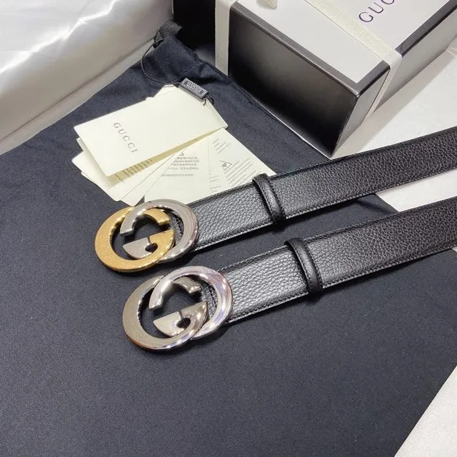 Gucci Double G 黑色压纹皮革 双色扣头 皮革腰带 7