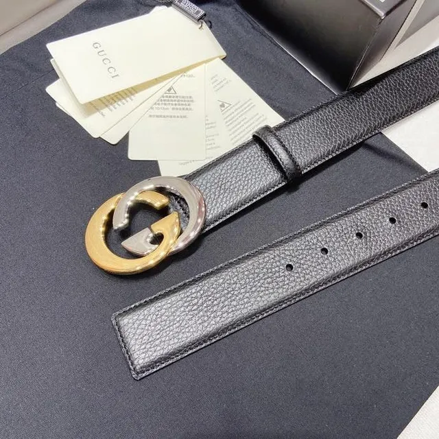 Gucci Double G 黑色压纹皮革 双色扣头 皮革腰带 9