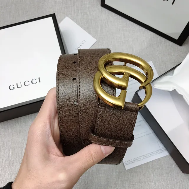 حزام غوتشي دبل جي بني ذهبي إبزة Interlocking Buckle جلد مموج 3