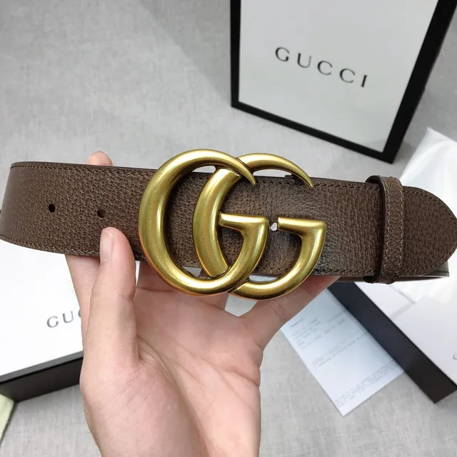 حزام غوتشي دبل جي بني ذهبي إبزة Interlocking Buckle جلد مموج 4