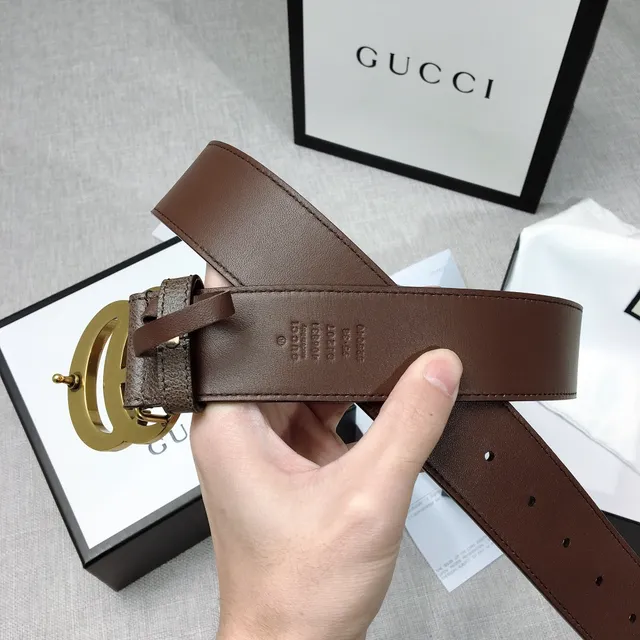 حزام غوتشي دبل جي بني ذهبي إبزة Interlocking Buckle جلد مموج 7
