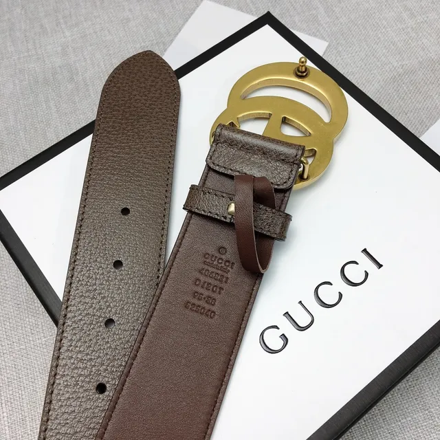 حزام غوتشي دبل جي بني ذهبي إبزة Interlocking Buckle جلد مموج 8