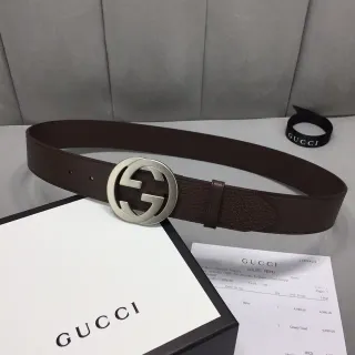 Gucci Double G भूरी चमड़ा सिल्वर टोन बकल लेदर बेल्ट