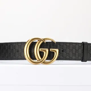 Gucci GG Marmont কালো সোনা এমবসড মনোগ্রাম ডাবল জি বাকল চামড়ার বেল্ট
