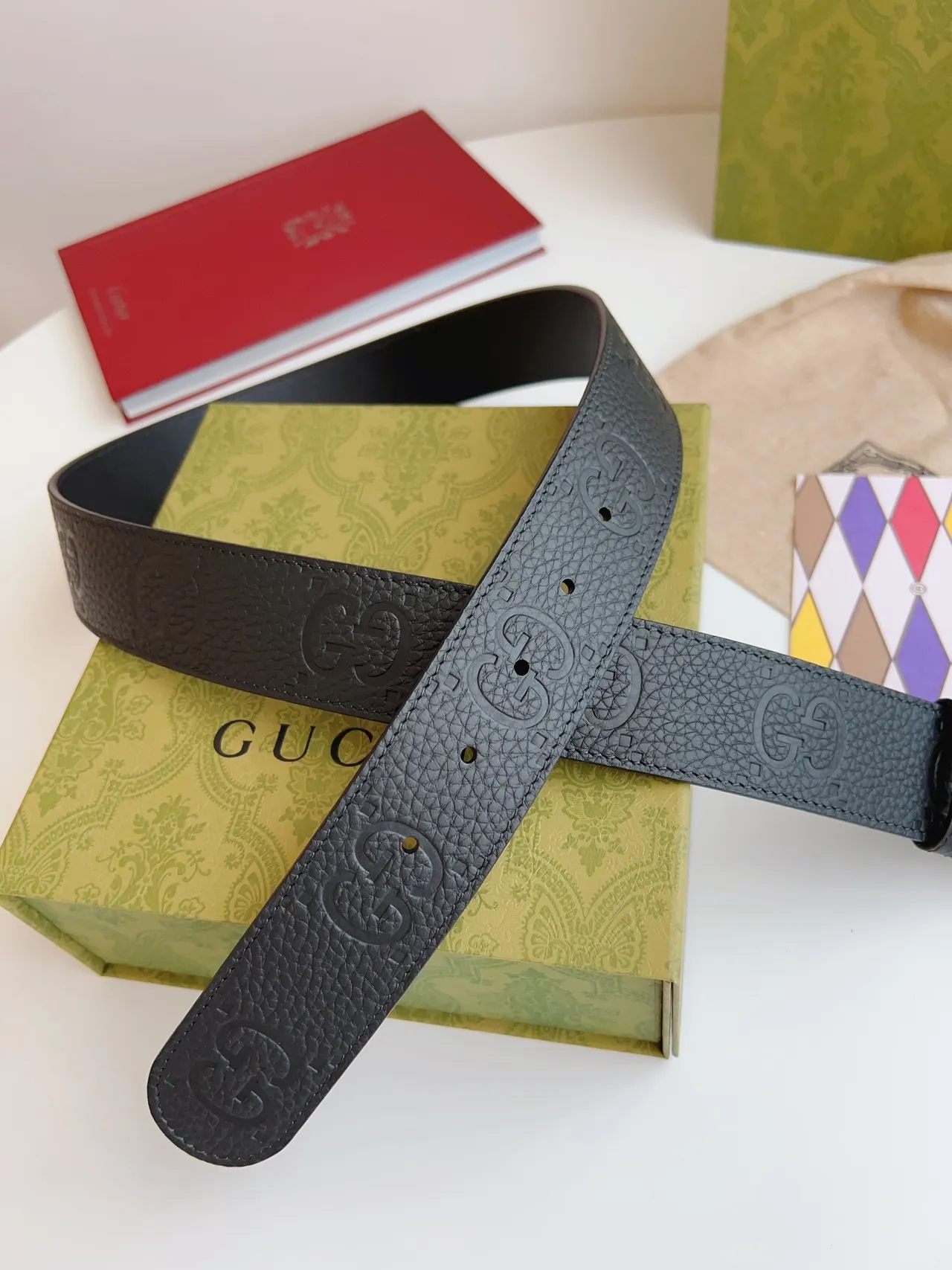 Gucci GG Marmont काला सोना interlocking G बक्‍ल embossed motif चमड़े का बेल्ट 2
