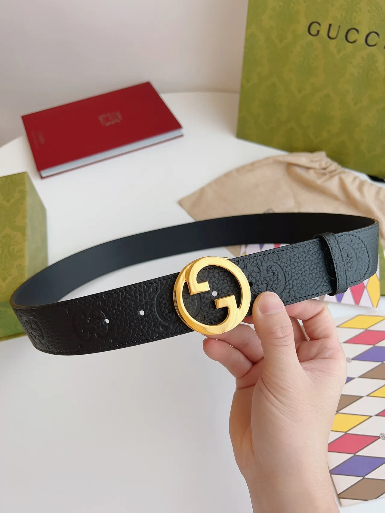 Gucci GG Marmont काला सोना interlocking G बक्‍ल embossed motif चमड़े का बेल्ट 3