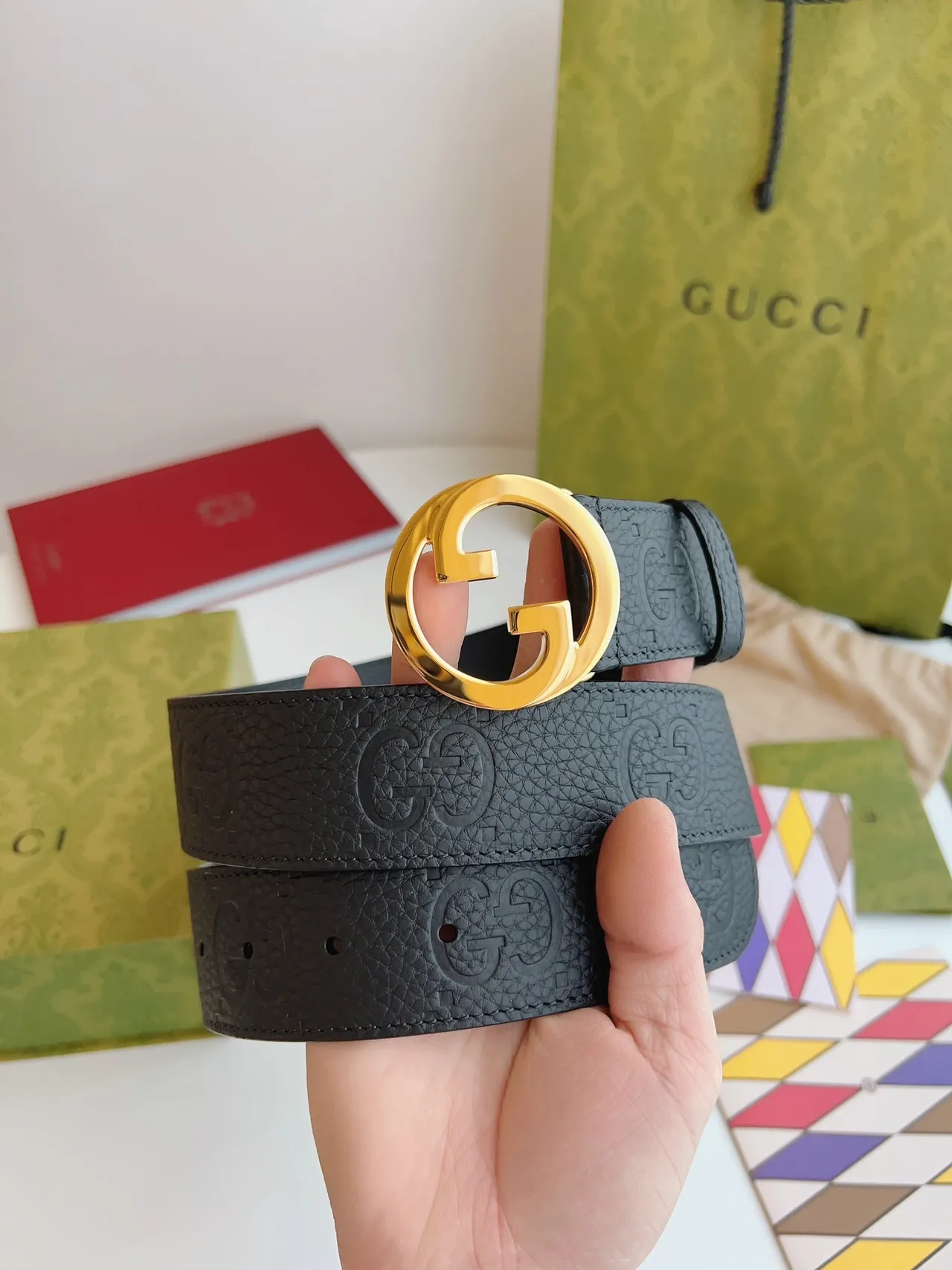 Gucci GG Marmont काला सोना interlocking G बक्‍ल embossed motif चमड़े का बेल्ट 4