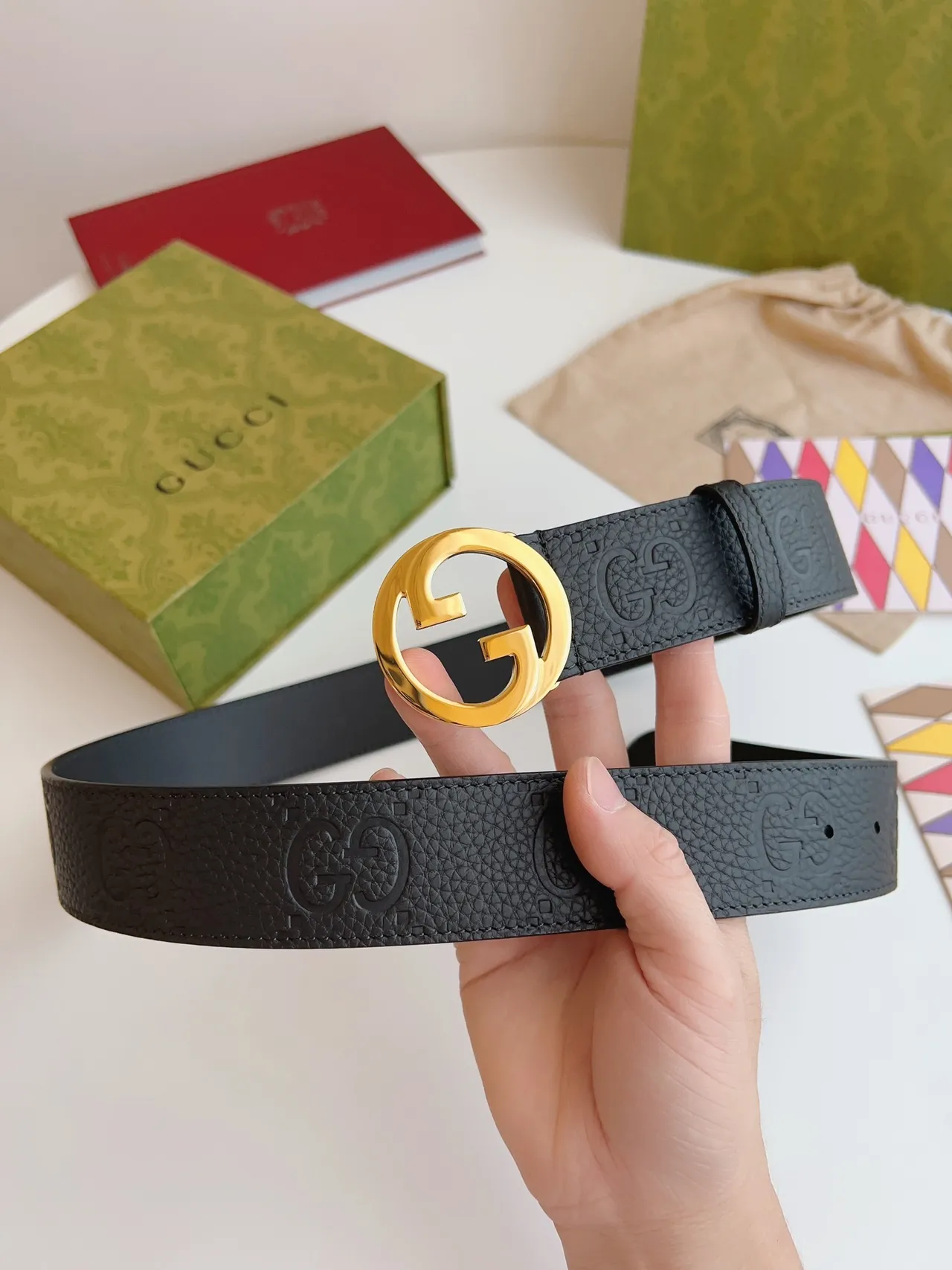 Gucci GG Marmont काला सोना interlocking G बक्‍ल embossed motif चमड़े का बेल्ट 7