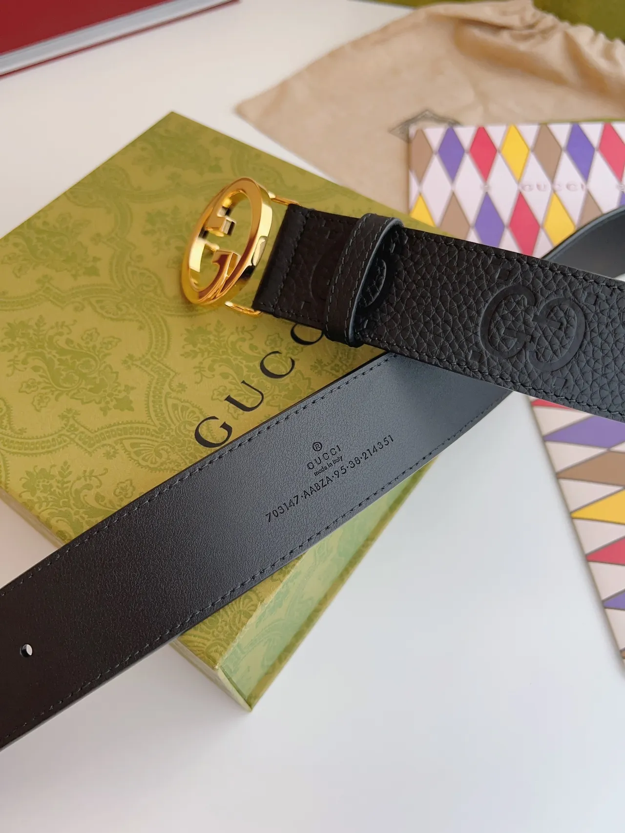 Gucci GG Marmont काला सोना interlocking G बक्‍ल embossed motif चमड़े का बेल्ट 8
