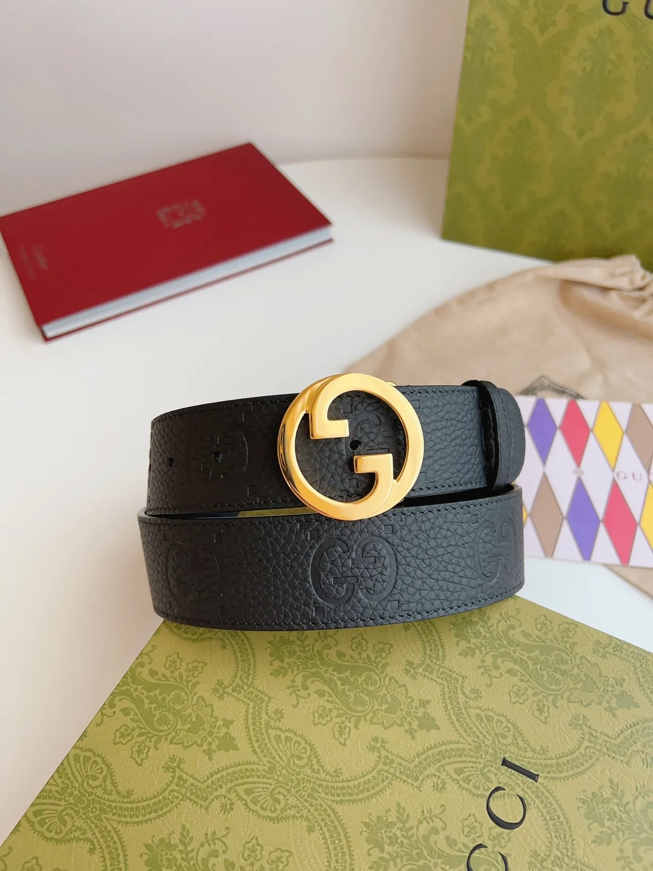 Gucci GG Marmont काला सोना interlocking G बक्‍ल embossed motif चमड़े का बेल्ट 9