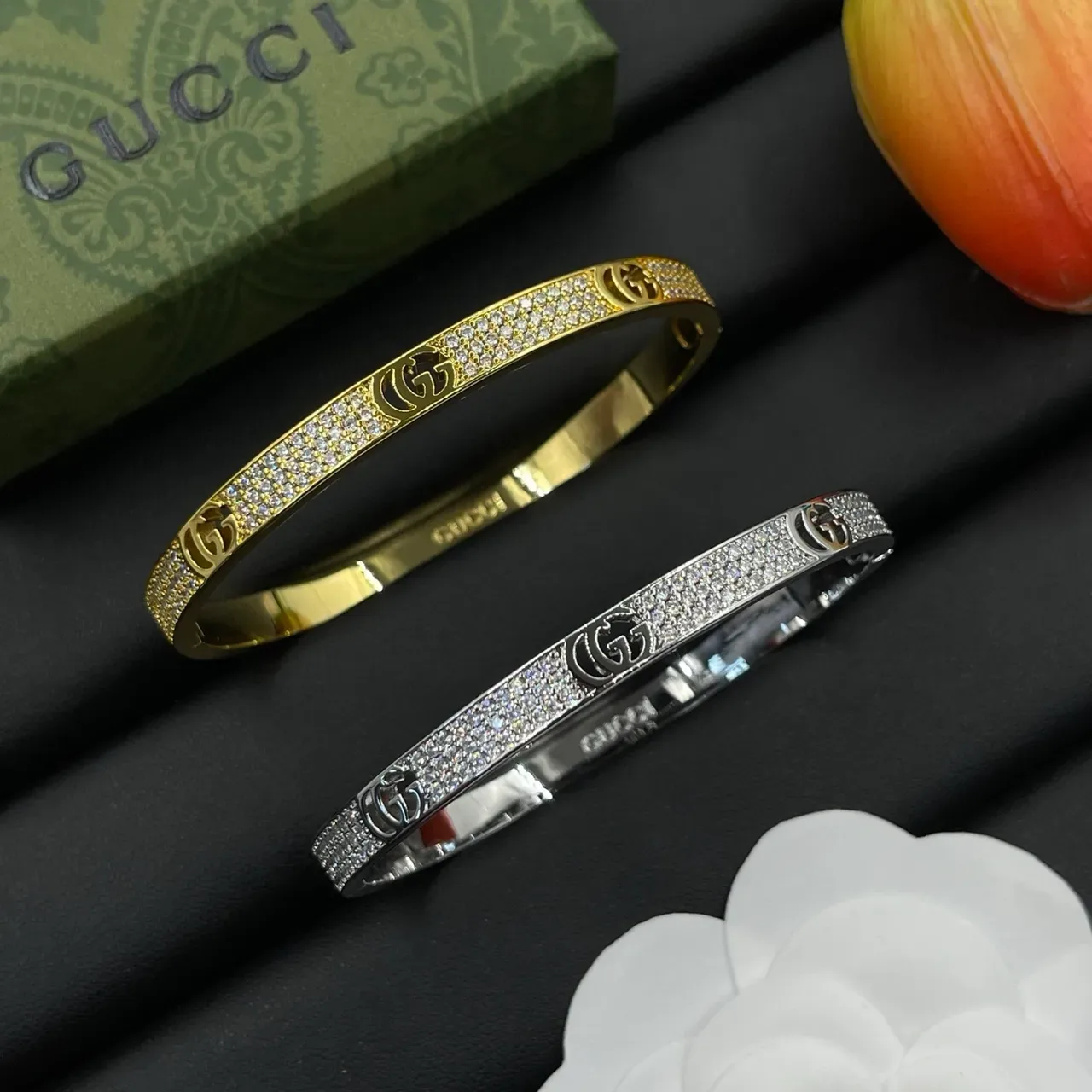 Gucci GG Marmont Gold Silver Pavé Crystal-Encrusted Bracelet 2
