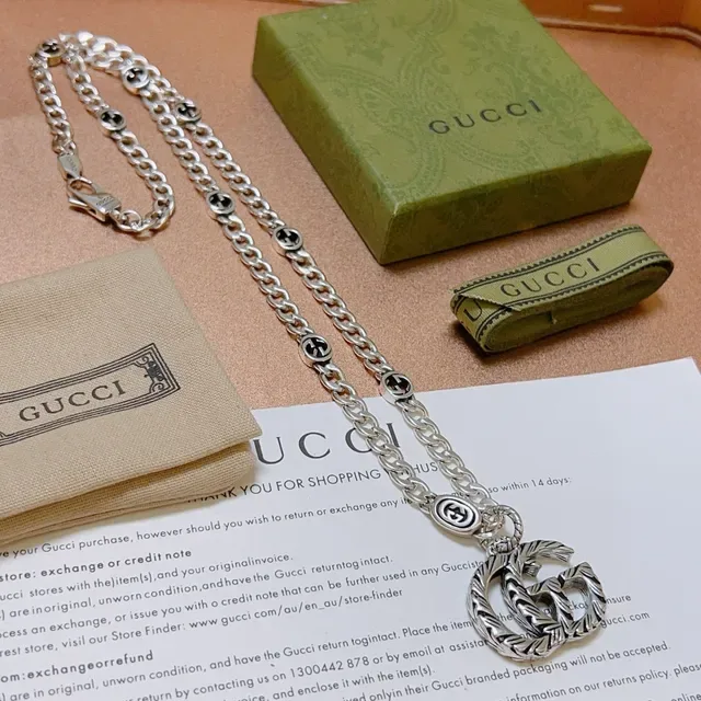 Gucci GG Marmont灵感 银黑 粗链 互锁 G 吊坠 项链 4