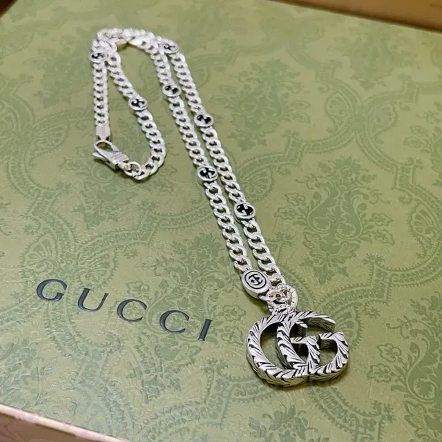 Gucci GG Marmont灵感 银黑 粗链 互锁 G 吊坠 项链 6