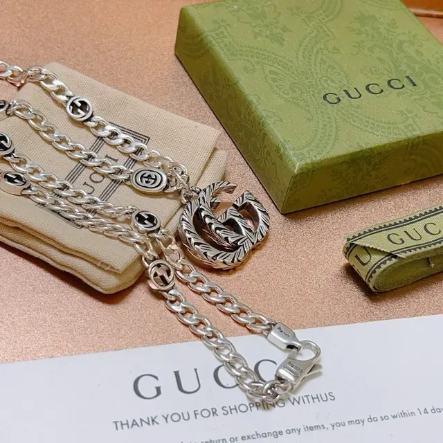 Gucci GG Marmont灵感 银黑 粗链 互锁 G 吊坠 项链 7