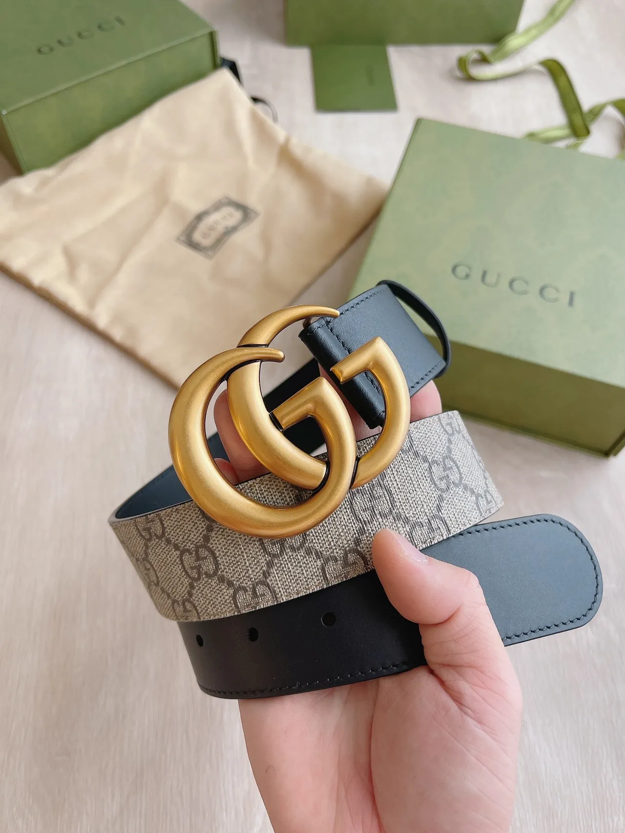 Gucci GG Marmont Interlocking G Buckle 米色 黑色 皮革 腰带 8