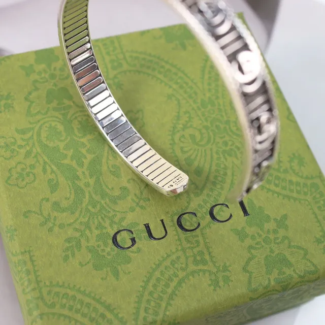 Gucci GG Marmont Interlocking G Ribbed Open Cuff Bracelet 9