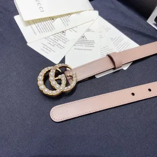 Gucci GG Marmont 粉金珍珠镶嵌双G扣头层皮带