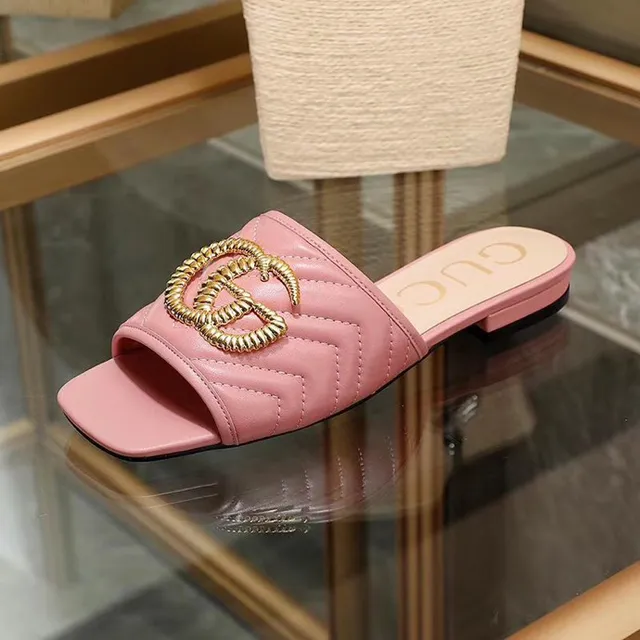 Gucci GG Marmont 粉色绗缝皮革拖鞋 5