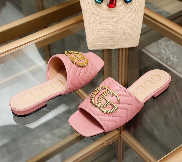 Gucci GG Marmont 粉色绗缝皮革拖鞋 7