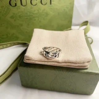 Gucci GG Marmont 银色 米色 Interlocking G Logo 几何格子纹带 戒指