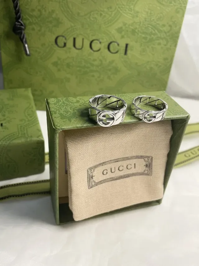 Gucci GG Marmont 银色 米色 Interlocking G Logo 几何格子纹带 戒指 2