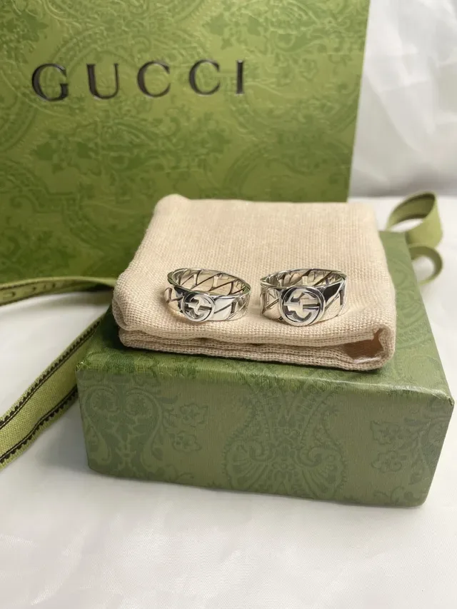 Gucci GG Marmont 银色 米色 Interlocking G Logo 几何格子纹带 戒指 3