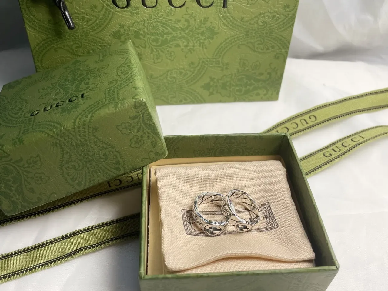 Gucci GG Marmont 银色 米色 Interlocking G Logo 几何格子纹带 戒指 5