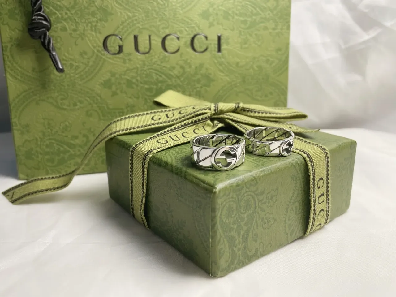 Gucci GG Marmont 银色 米色 Interlocking G Logo 几何格子纹带 戒指 6