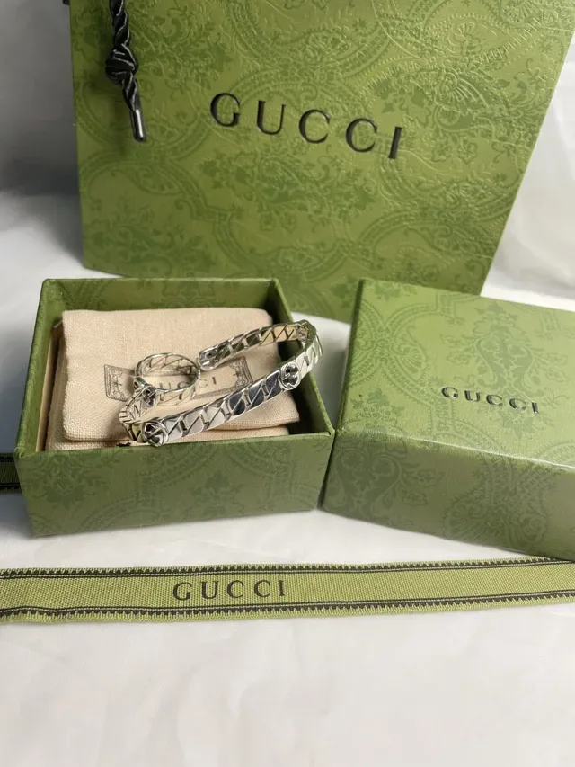 Gucci GG Marmont 银色 米色 Interlocking G Logo 几何格子纹带 戒指 7