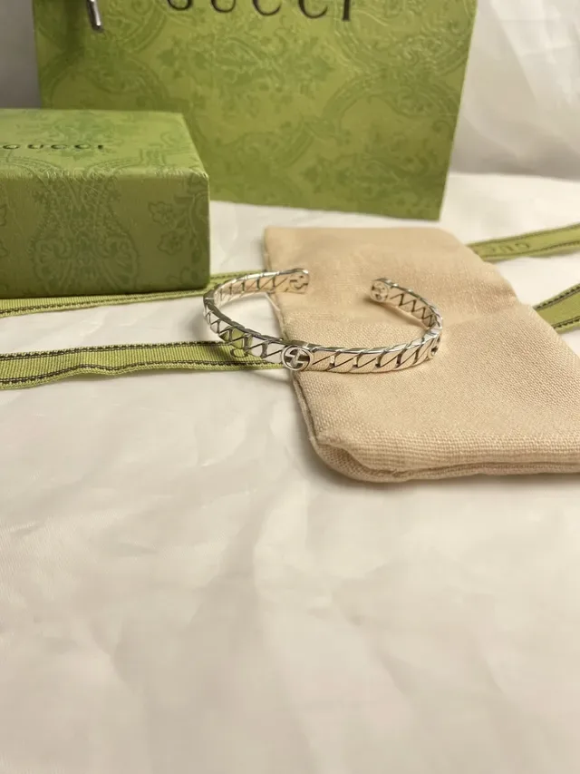 Gucci GG Marmont 银色 米色 Interlocking G Logo 几何格子纹带 戒指 8