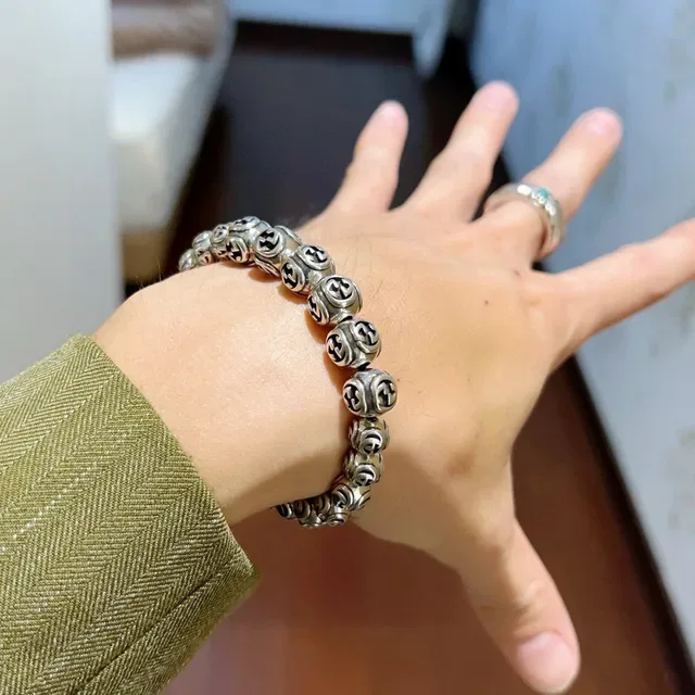 Gucci GG Marmont Silver Black Interlocking G Motif Metal Bracelet 2