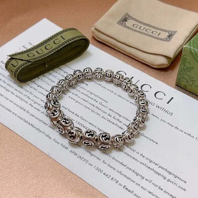 Gucci GG Marmont Silver Black Interlocking G Motif Metal Bracelet 7