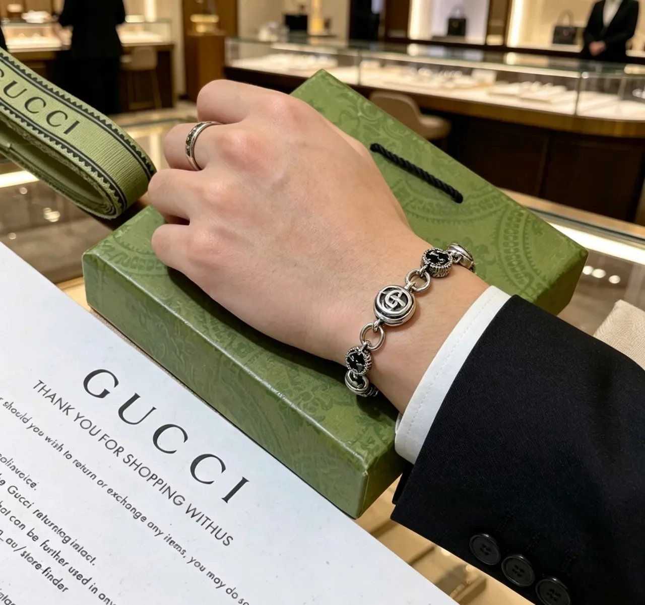Gucci GG Marmont فضة أسود Interlocking Logo Links حشوة مينا سوار 3