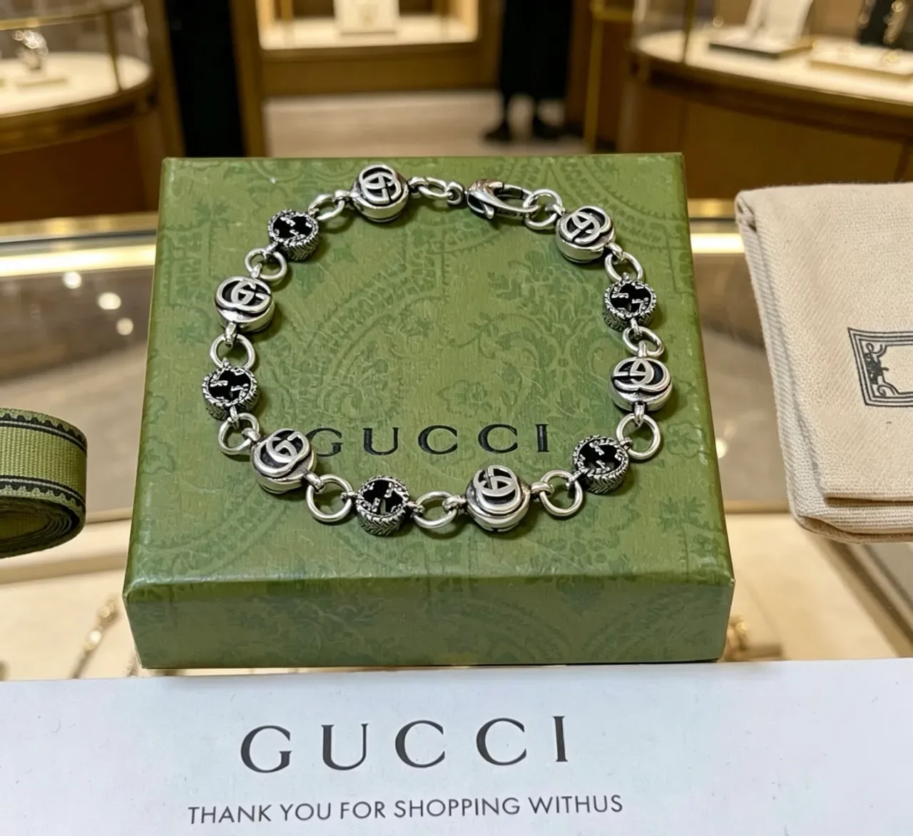 Gucci GG Marmont فضة أسود Interlocking Logo Links حشوة مينا سوار 4