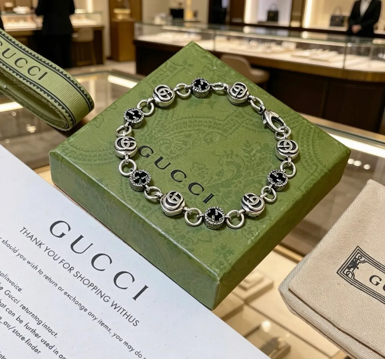 Gucci GG Marmont فضة أسود Interlocking Logo Links حشوة مينا سوار 6