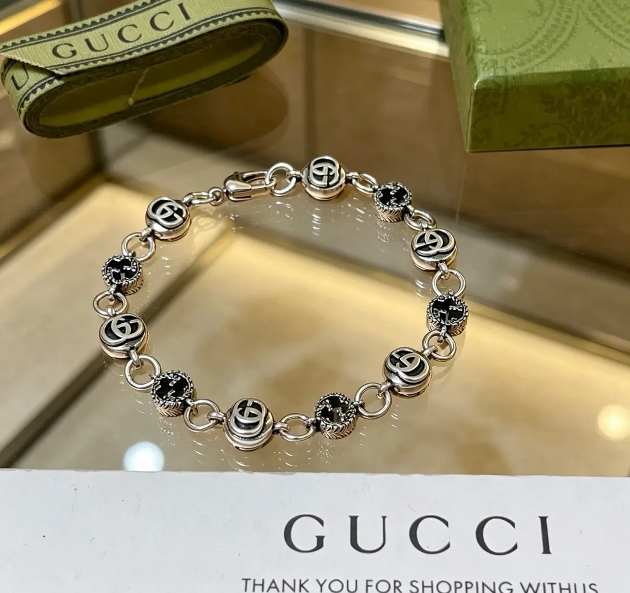 Gucci GG Marmont فضة أسود Interlocking Logo Links حشوة مينا سوار 9