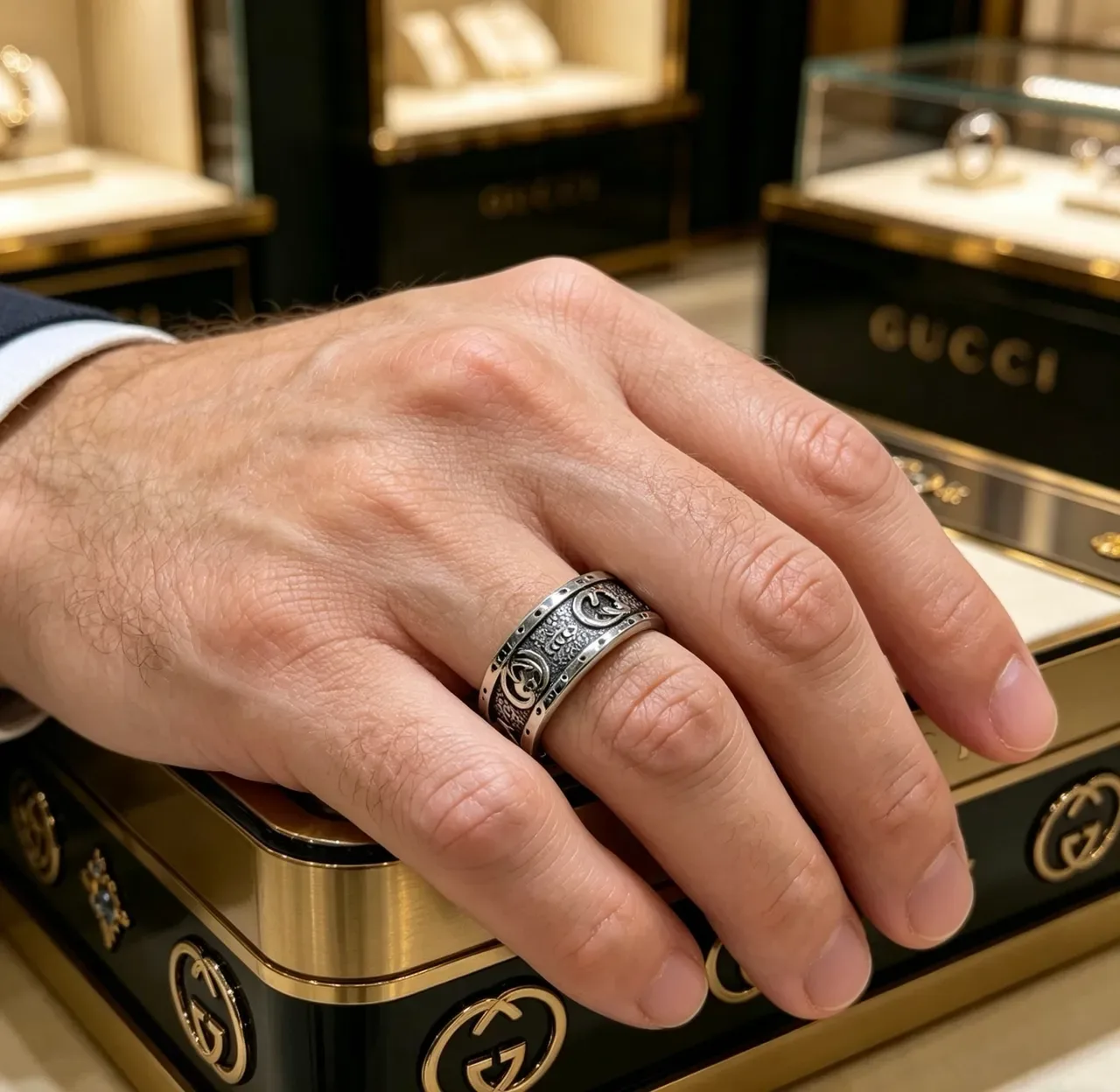 Bague Gucci GG Marmont Argent Noir Bande Large Motif G Entrelacé 2
