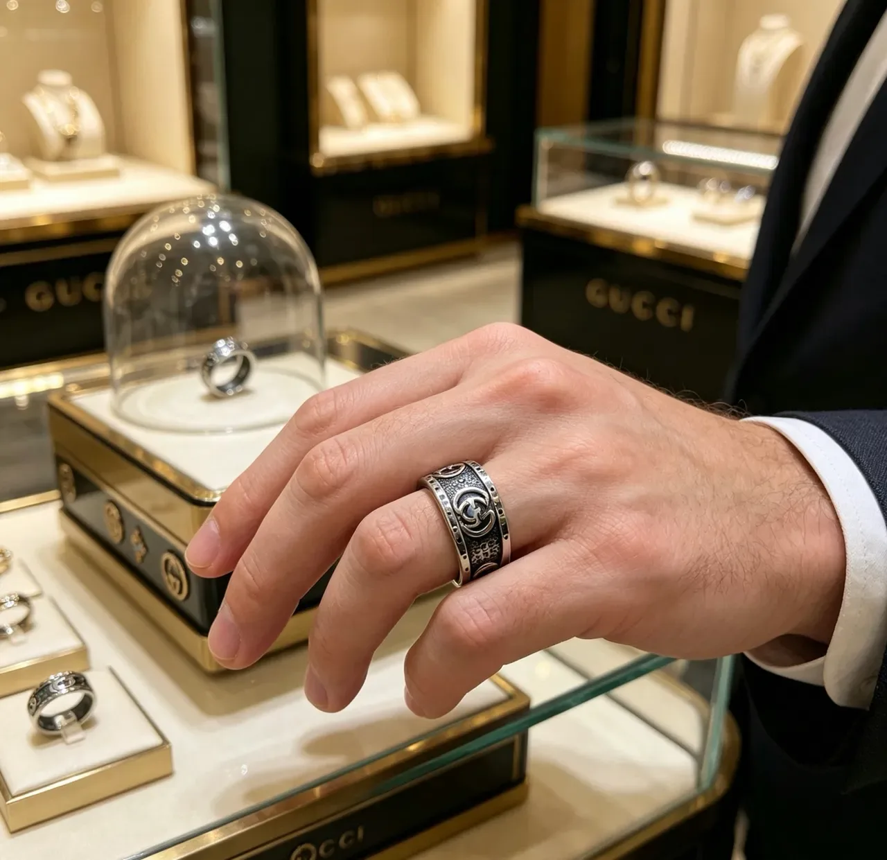 Bague Gucci GG Marmont Argent Noir Bande Large Motif G Entrelacé 5