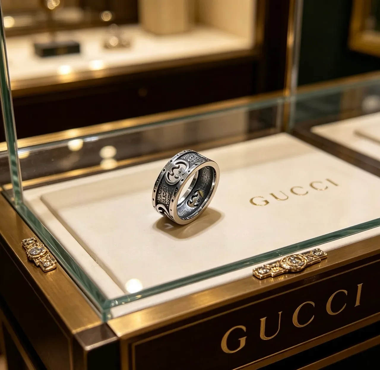 Bague Gucci GG Marmont Argent Noir Bande Large Motif G Entrelacé 7