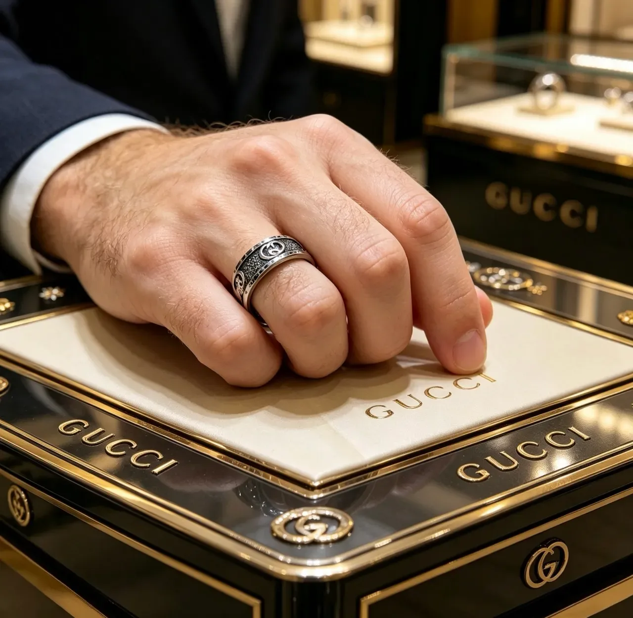 Bague Gucci GG Marmont Argent Noir Bande Large Motif G Entrelacé 8
