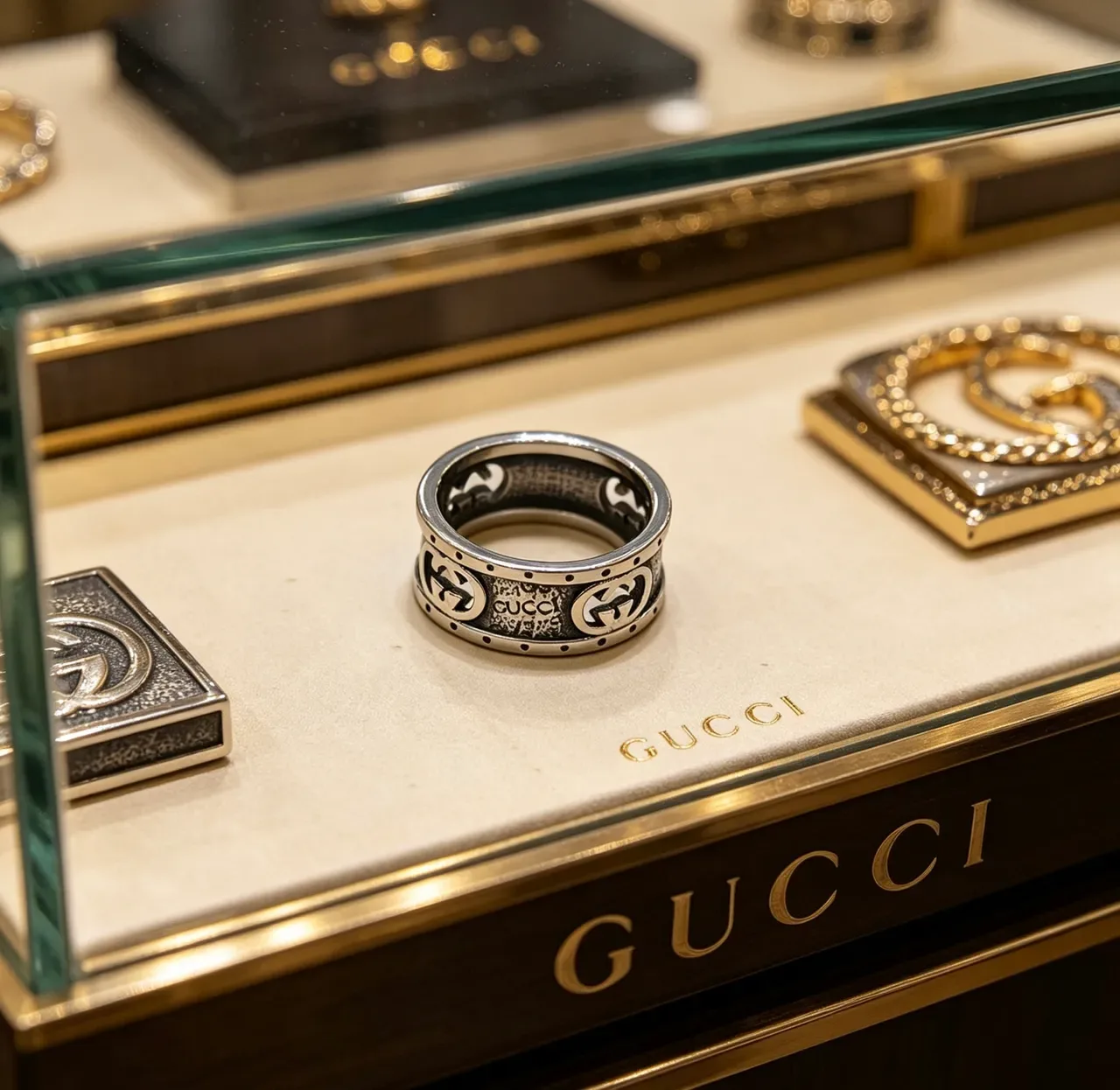 Bague Gucci GG Marmont Argent Noir Bande Large Motif G Entrelacé 9