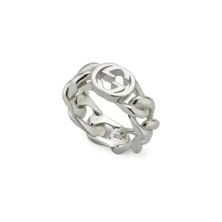 Gucci GG Marmont 银色 interlocking logo 粗链条链接带戒指